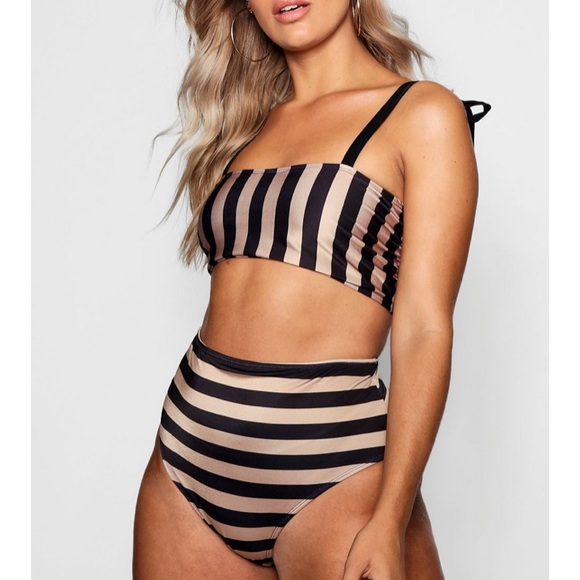 Boohoo Tonal Stripe Bow High Waist Bikini Set - Picture 4 of 5